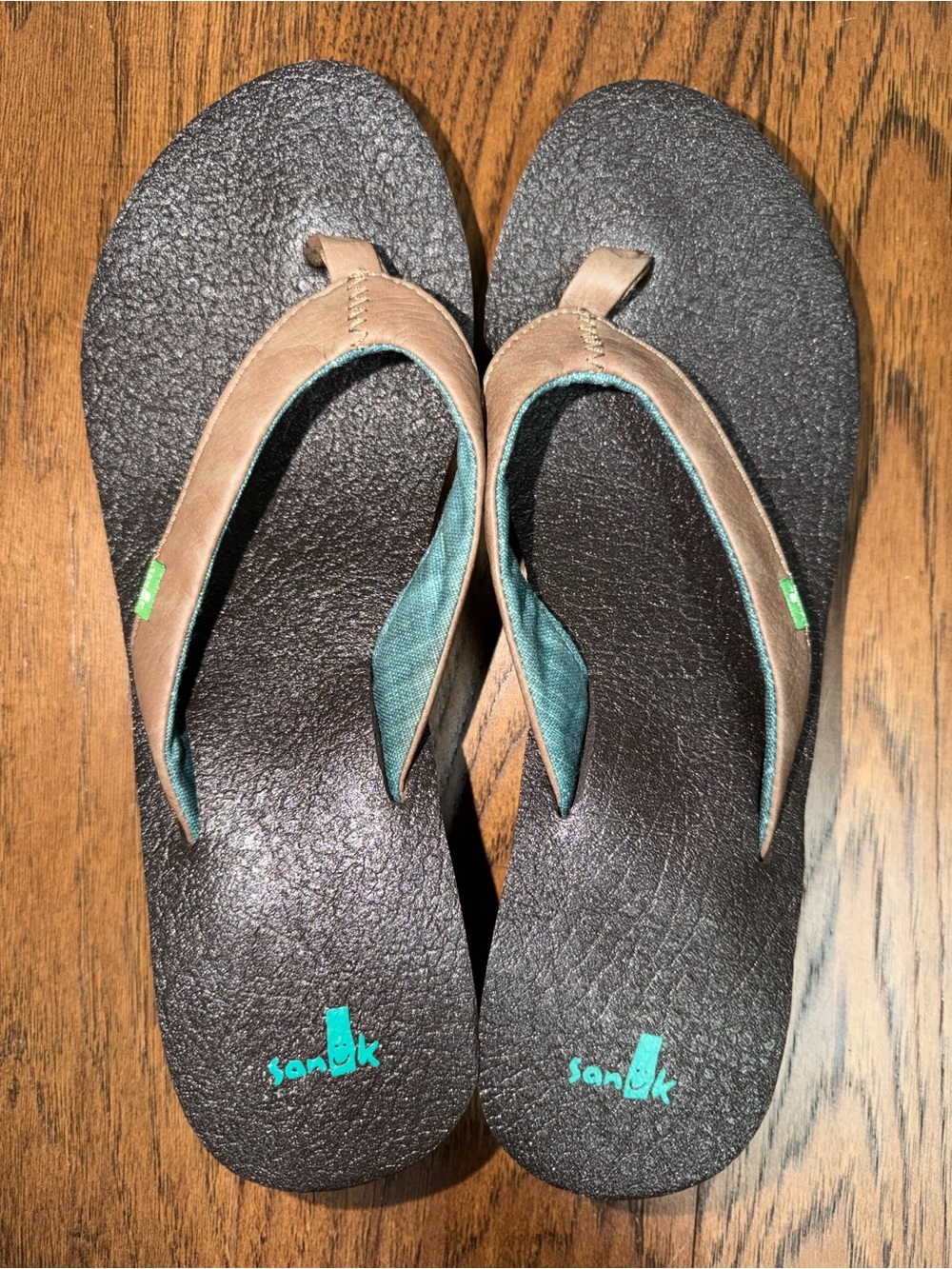 Sanuk Black Sandals with Brown Straps and Teal Accents - Picture 3 of 4